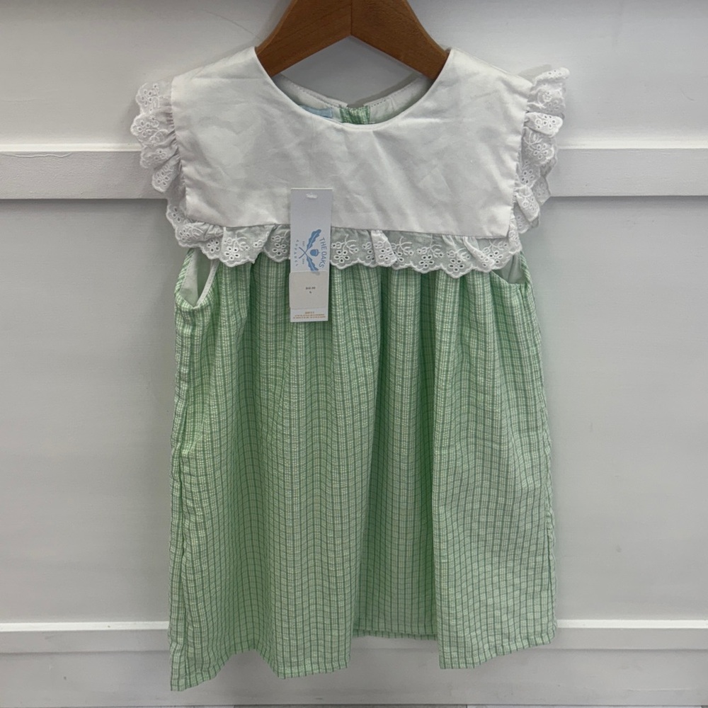 Adorable Green and White Eyelet Lace Kids Dress with Lace Trim
